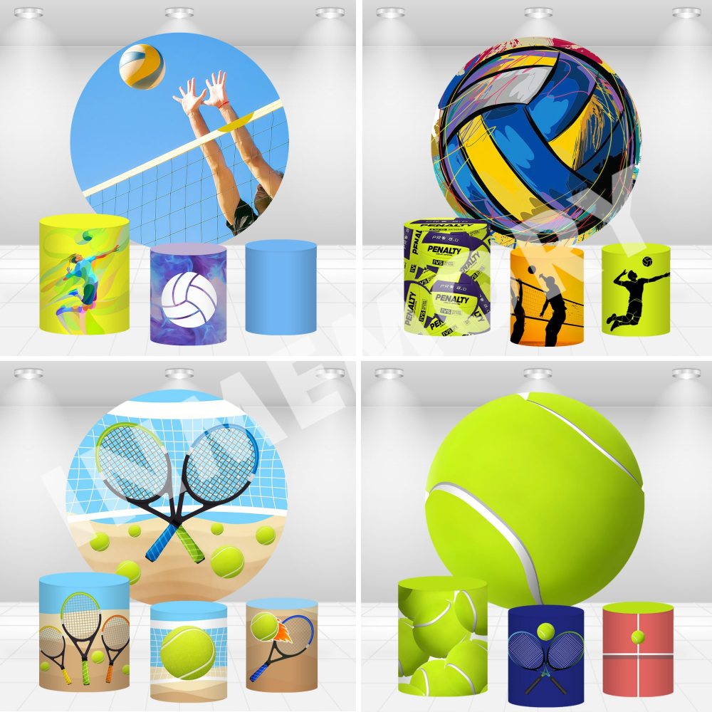 Table Tennis Background - ธีมวอลเลย์บอลชายหาด ฉากหลังทรงกลม อุปกรณ์จัดงานวันเกิดเด็ก วงกลมกีฬาเทนนิส พื้นหลังโต๊ะเค้ก ผ้าคลุมแท่นวางเค้ก